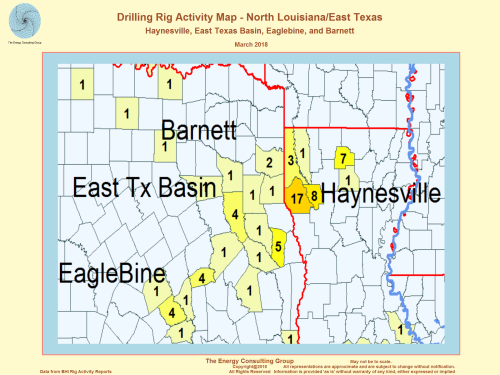 US Drilling Rig Activity Map-Haynesville, East Texas, and North Louisiana