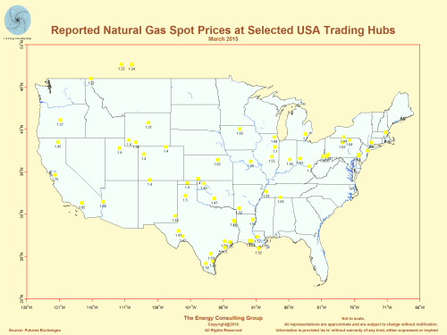 Reported Natural Gas Spot Prices At Selected Trading Hubs Across the United States as of March 2016