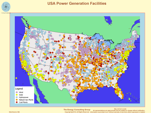 Map Showing Location of US Power Generation Facilities by Type