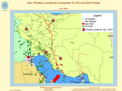 Iran:  Protest Locations Compared to Oil and Gas Industry