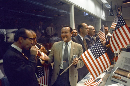 Mission control celebrates Apollo 11 success, and American greatness.