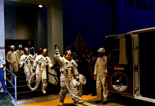 The Apollo 11 astronauts:  Neil Armstrong, Buzz Aldrin, and Michael Collins bravely make the move to the launch site.