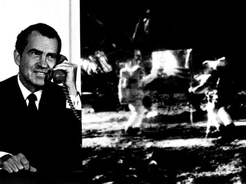 President Nixon telephones Neil Armstrong, the first man on the moon, to convey congratulations and wish him and his crew a safe return.
