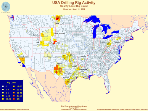 USA oil and gas drilling heat/activity/rig count map;fracking, fracing, frac, frack, horizontal, oil, gas, Texas, Oklahoma, New Mexico, Colorado, Wyoming, Utah, North Dakota, Louisiana, Pennsylvania, West Virginia, Ohio, Kansas, California