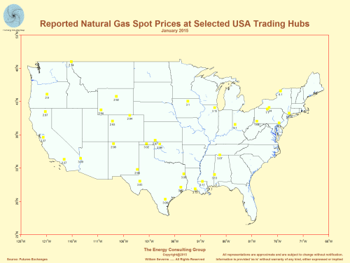 Map: Reported January 2015 Natural Gas Spot Prices at Selected Trading Hubs in the United States