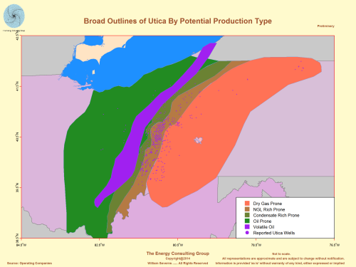 Map, Image, Broad Outlines of Utica By Potential Production Type