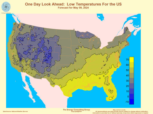 Day Look Ahead: Low Temperatures for the US based on NOAA data