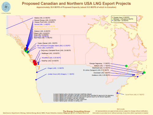 Map image for annouced LNG projects in Canada and northern USA