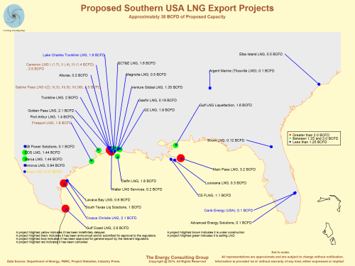 Map image for annouced LNG projects in southern USA
