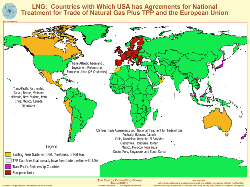 Map Image of Countries with Which USA has Free Trade Agreements Plus Trans-Pacifica Partnership (TPP) and Trans-Atlantic Trade and Investment Partnership Countries