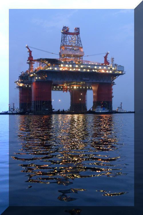 Image: Thunder Horse:  Giant tension leg platform (TLP) at night in Gulf of Mexico