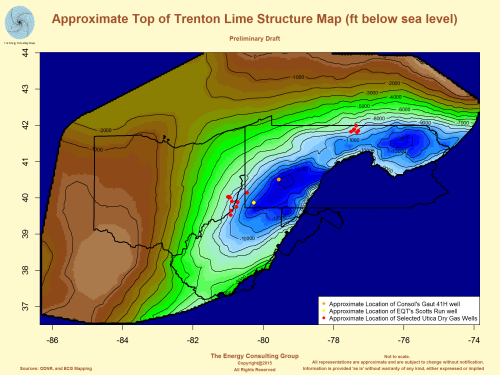 Approximate Top of Trenton Lime Structure (ft below sea level)-map